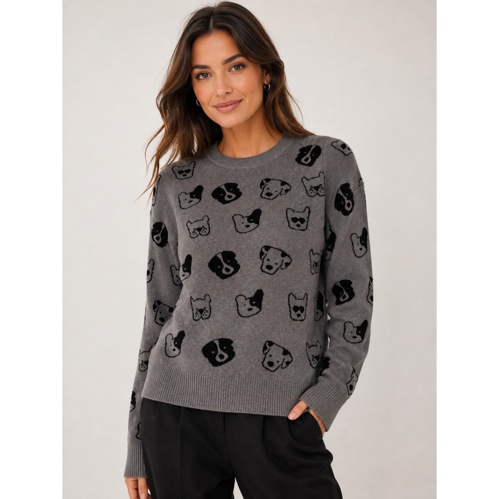 Anthropologie Calligraphie Novelty women's Sweater Dogs Print Grey Size L NWT